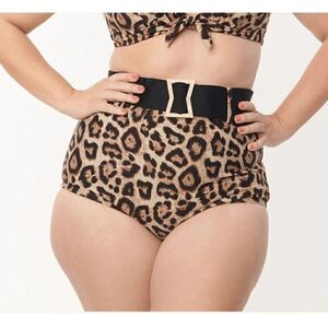 Unique Vintage Leopard Print High Waist Belted Swim Bottom XS